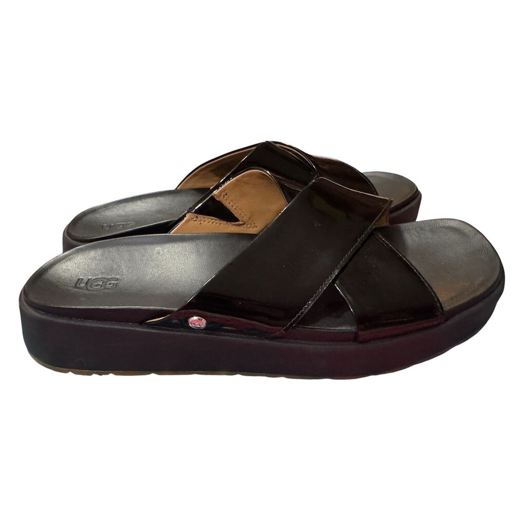 UGG Emily Criss Cross Patent Slide Sandals Leather Black Women's Size 9.5 EUC